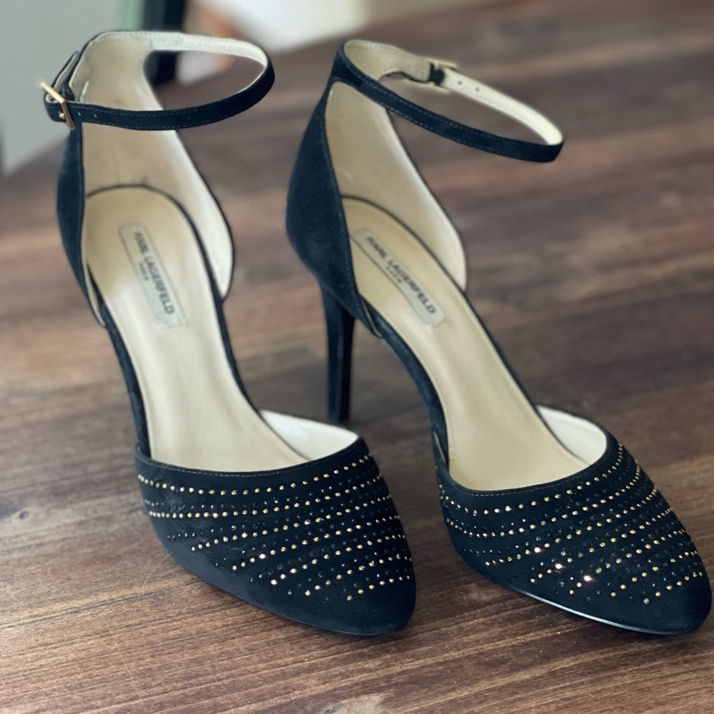 Karl Lagerfeld Black and Gold Heels with Ankle Strap